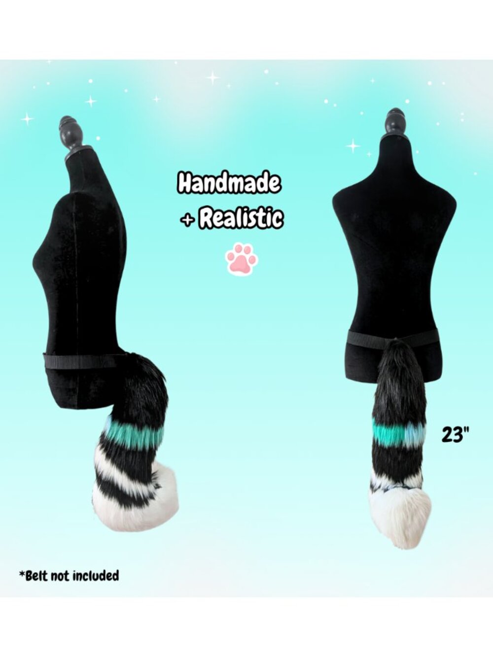 Handmade Neon Striped Blue Dog Skunk Therian Faux Fur Tail 23” Cosplay Costume